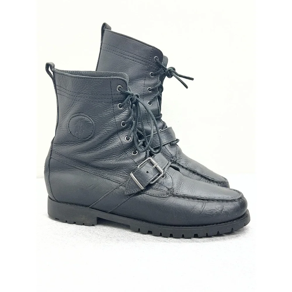 Polo Ralph Lauren Ranger Boots Mens Size 11D Black Leather Buckle Combat Work‎